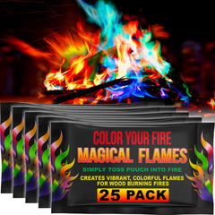 Magical Flames front packaging showing 25 colorful fire packets and clear branding, great for gifting