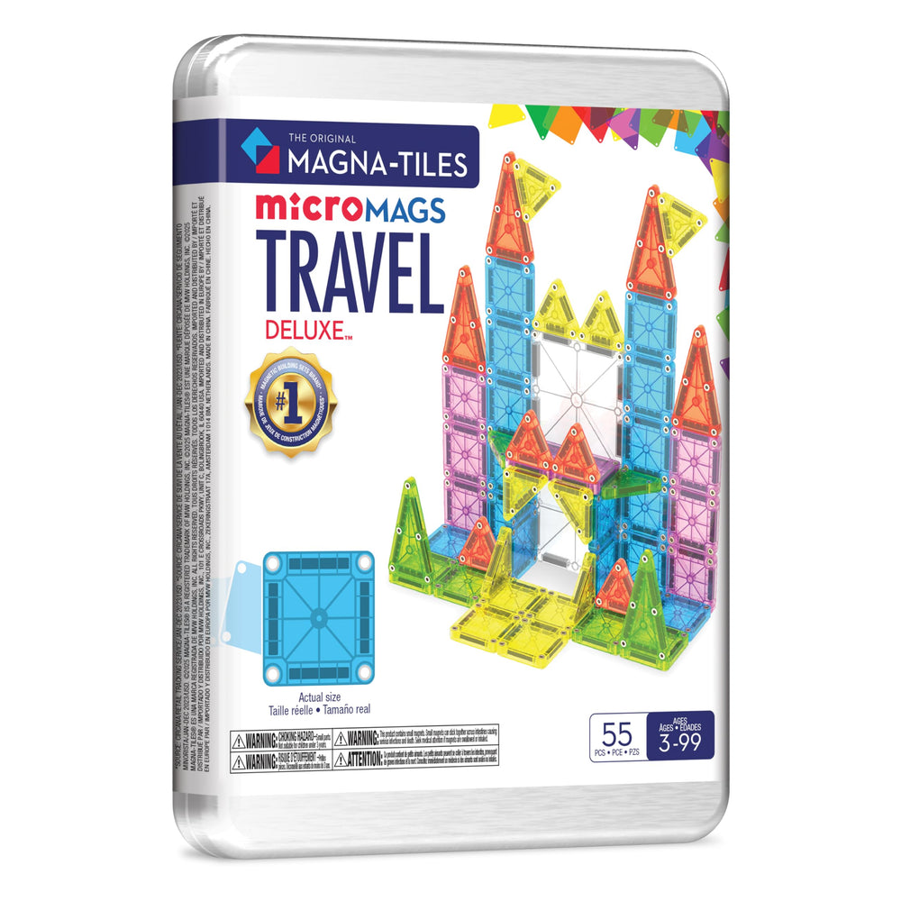 MAGNA-TILES estuche metálico frontal mostrando las 55 piezas y fácil transporte