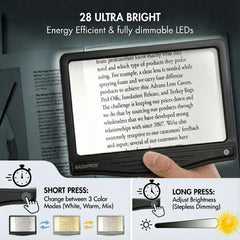MagniPros en uso mientras se lee un libro, iluminación uniforme que reduce esfuerzo ocular