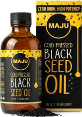 Maju Superfoods botella frontal de aceite de comino negro, pureza visible