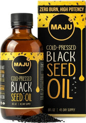 Maju Superfoods botella frontal de aceite de comino negro, pureza visible