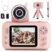 Makolle vista frontal cámara rosa mostrando botones y pantalla, ideal para aprendizaje