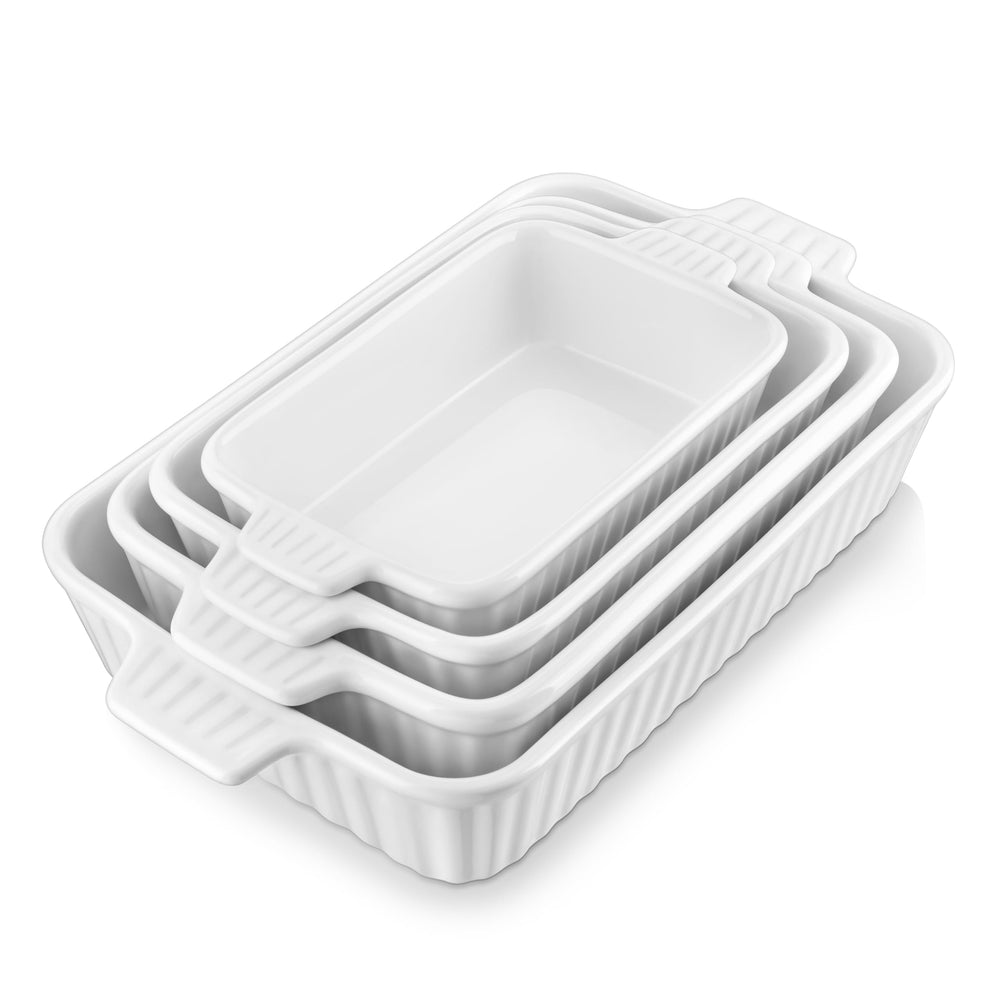 malacasa front packaging showing four white casserole dishes, clear set presentation and value
