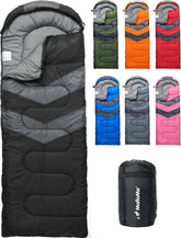 MalloMe front view of sleeping bag showing size and waterproof shell for dependable warmth