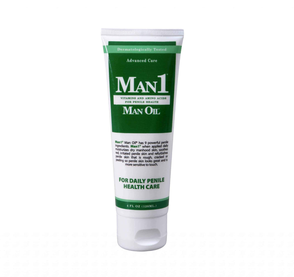 Man1 Man Oil tubo frontal mostrando diseño y dosificador, facilita aplicación precisa