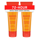 Mando front packaging showing two-pack and Bourbon Leather scent benefit