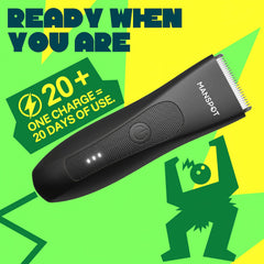 MANSPOT trimmer held in hand highlighting ergonomic grip and steady control