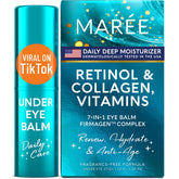 MAREE front packaging of under eye balm stick showing product name and purple design, convenient travel size