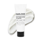 MARLOWE. envase frontal mostrando protección SPF 50 y diseño limpio