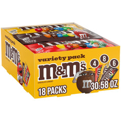 Mars M&M'S frontal del pack variado mostrando las 18 bolsas, ideal para compartir