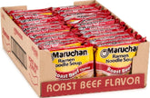 Maruchan primer plano del empaque mostrando sabor roast beef y conveniencia