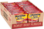 Maruchan primer plano del empaque mostrando sabor roast beef y conveniencia