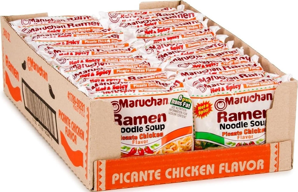 Maruchan empaque frontal mostrando sabor Picante Chicken y beneficio de conveniencia
