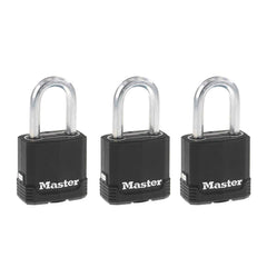 Master Lock padlock 3-pack front view showing durable outdoor protection