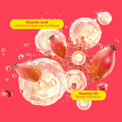 Matrix etiqueta con ingredientes clave resaltando ácido glicólico y rosa mosqueta