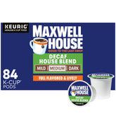 Maxwell House front packaging showing 84-count decaf pods and convenience