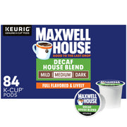 Maxwell House front packaging showing 84-count decaf pods and convenience