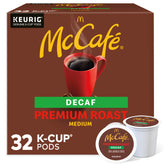 McCafe caja frontal de 32 K-Cup descafeinado mostrando diseño y beneficios