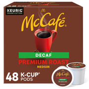 McCafé front packaging showing 48-count decaf pods and convenience