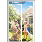 Mdavo front view of magnetic screen door showing full white curtain and doorway benefit