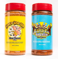Meat Church Honey Hog frasco frontal mostrando etiqueta y tamaño 14 oz, ideal para caramelizar