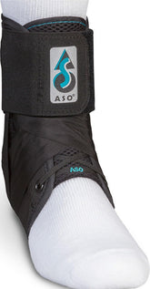 Med Spec ASO ankle stabilizer front view showing compact brace and secure fit benefits