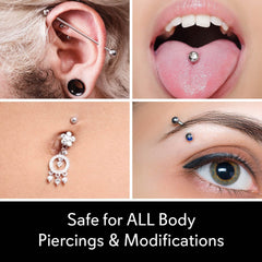 MediCleanse uso sobre piercing junto al lavabo para higiene rápida
