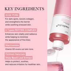 medicube tónico PDRN Rose detalle de etiqueta con ingredientes clave visible