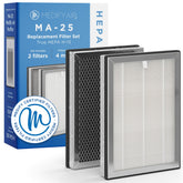 Medify Air filtro MA-25 frontal del paquete mostrando el juego completo y beneficio de ajuste original