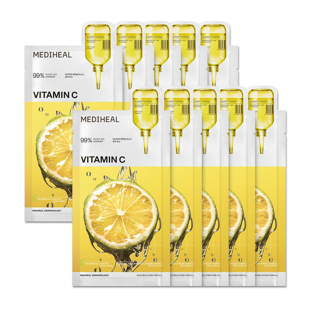 MEDIHEAL frontal del empaque mostrando 10 unidades y beneficio iluminador