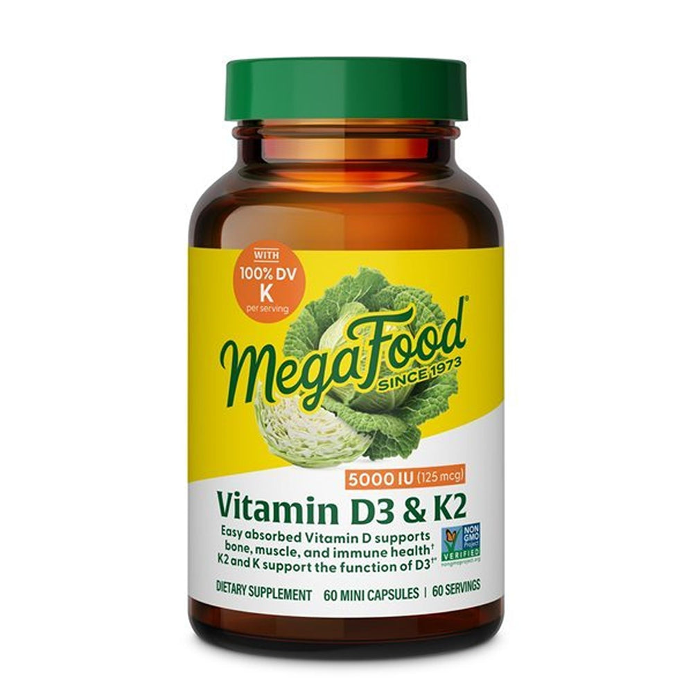 MegaFood envase frontal de Vitamin D3 & K2 mostrando la marca y beneficios