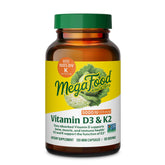 MegaFood frasco frontal de Vitamin D3 & K2, presentación 120 cápsulas y beneficio claro