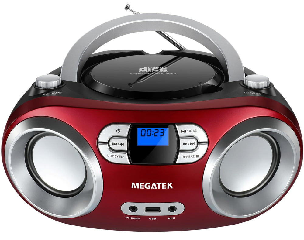 MEGATEK front view cherry red boombox showing buttons and speakers for easy control