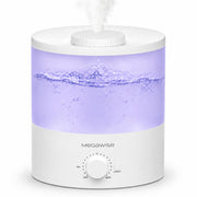 MEGAWISE vista frontal del humidificador mostrando diseño compacto y controles, cómodo para dormitorio