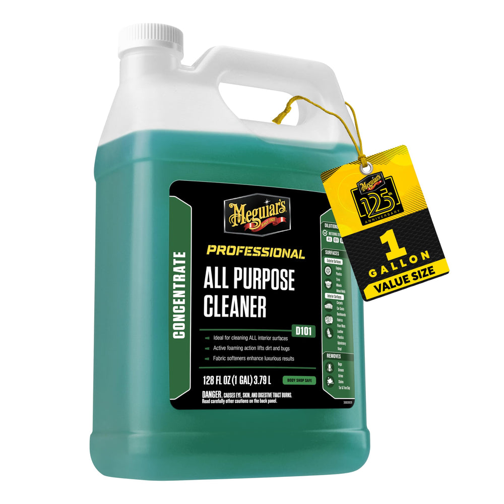Meguiar's envase frontal de 1 galón mostrando etiqueta y marca, transmite confianza