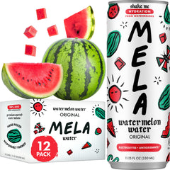 Mela Water front can showing brand and watermelon design for clear shelf appeal