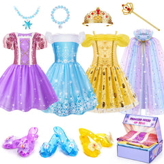 Meland front view of three princess outfits showing variety and play options