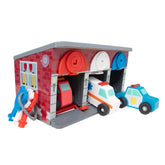 Melissa & Doug garaje frontal con asas mostrando almacenamiento portátil