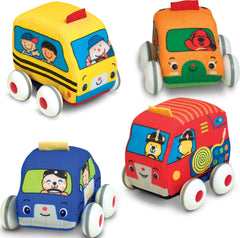 Melissa & Doug set frontal mostrando los cuatro vehículos, estimula imaginación