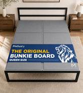 Meliusly queen front view shows low-profile support and improves mattress firmness