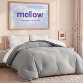 Mellow front view of gray Marshmellow comforter showing plush loft and modern bedding benefit