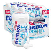Mentos Pure White front bottle showing label and 50-piece count for convenient freshness