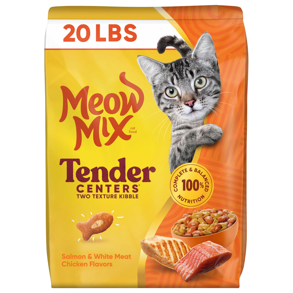 Meow Mix bolsa frontal 20 lb mostrando diseño nuevo y beneficio palatable