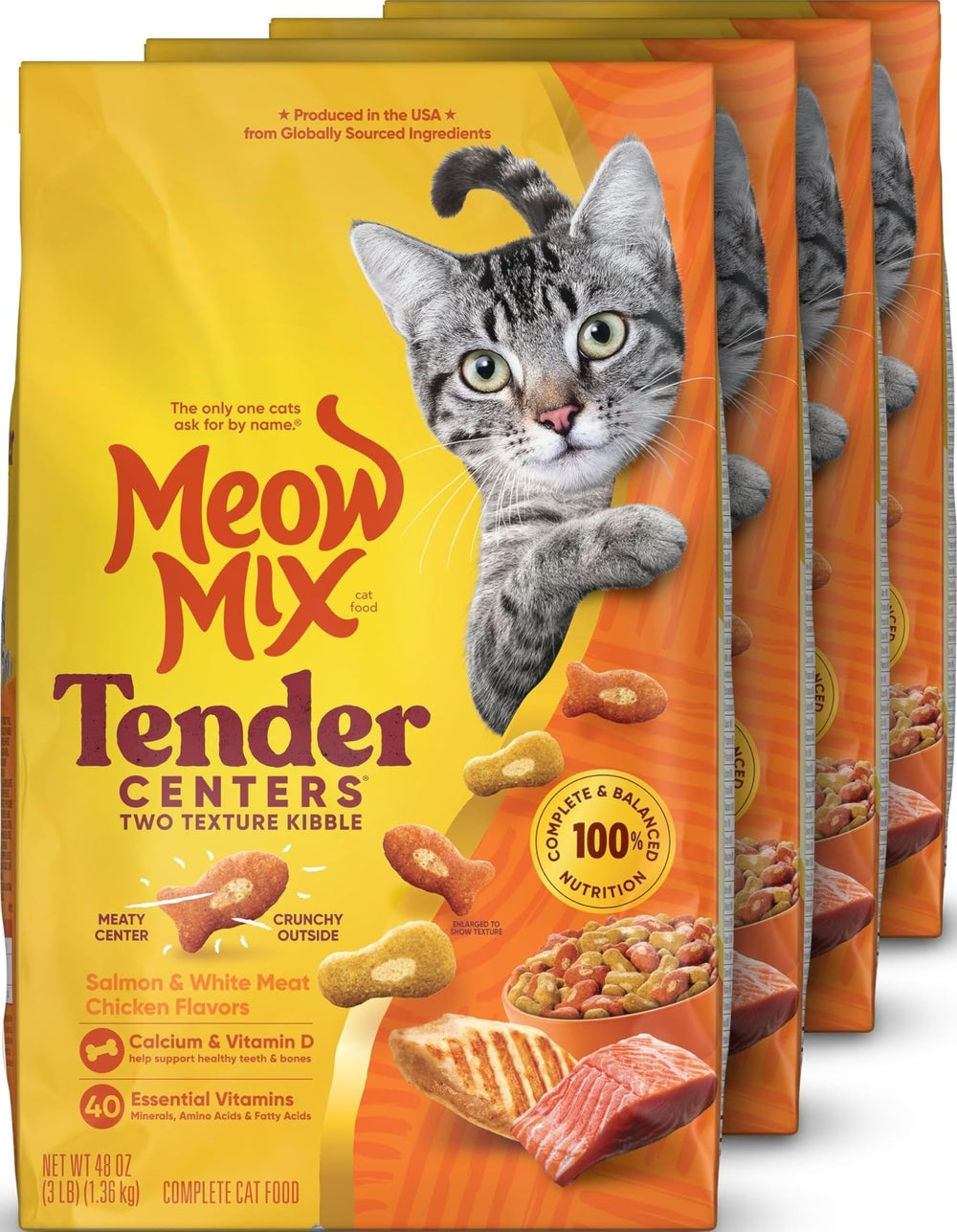 Meow Mix frente del empaque mostrando las cuatro bolsas y beneficios
