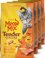 Meow Mix frente del empaque mostrando las cuatro bolsas y beneficios