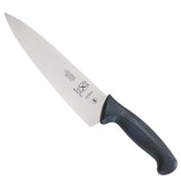 Mercer Culinary front view of 8-inch Millennia chef's knife showing blade and handle benefit: versatile slicing