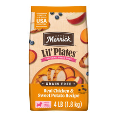 Merrick paquete frente mostrando receta pollo y batata y beneficios