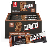 MET-Rx caja frontal con 9 barritas mostrando etiqueta y beneficios visuales
