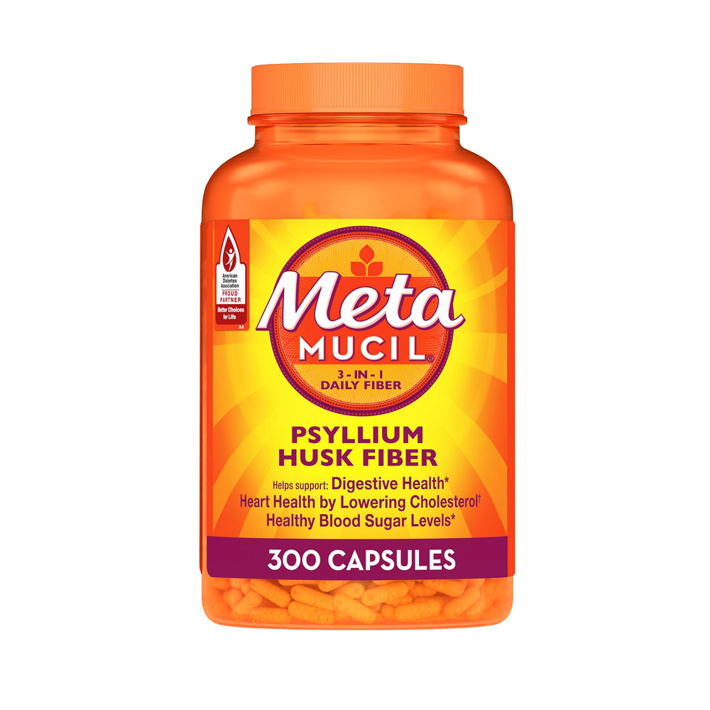 Metamucil frente del empaque mostrando 300 cápsulas y conveniencia