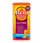 Metamucil front packaging showing orange flavor and 114 teaspoons, supports daily fiber